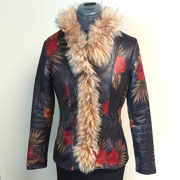 Vintage Zip Front Floral Jacket with Fur Trim - Size S - Picture 1 of 8